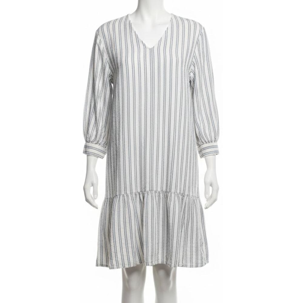 Nordstrom Midi Dress Women Size M White Blue Striped Linen Blend Ruffle Hem
